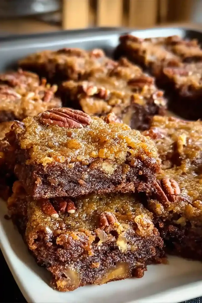 Bubbling pecan pie filling with chopped pecans being stirred in saucepan on stovetop