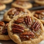 Golden pecan pie cookies with caramel pecan topping on white plate