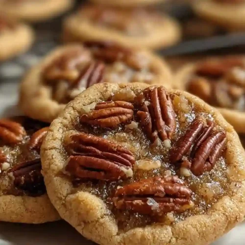 Golden pecan pie cookies with caramel pecan topping on white plate