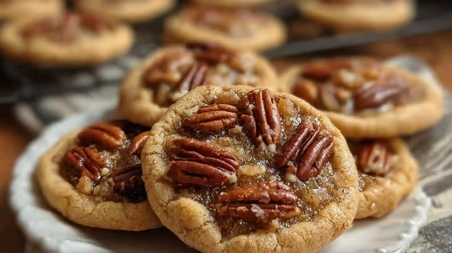 Golden pecan pie cookies with caramel pecan topping on white plate
