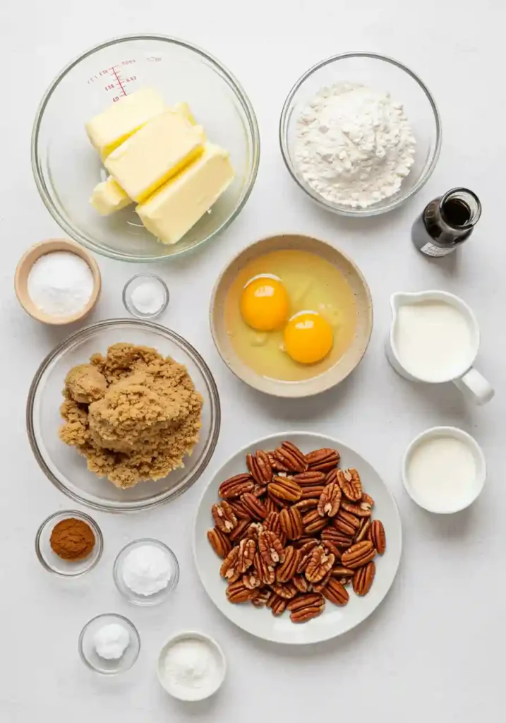 All ingredients for pecan pie cookies including butter, sugar, flour, eggs, and pecans on wooden board