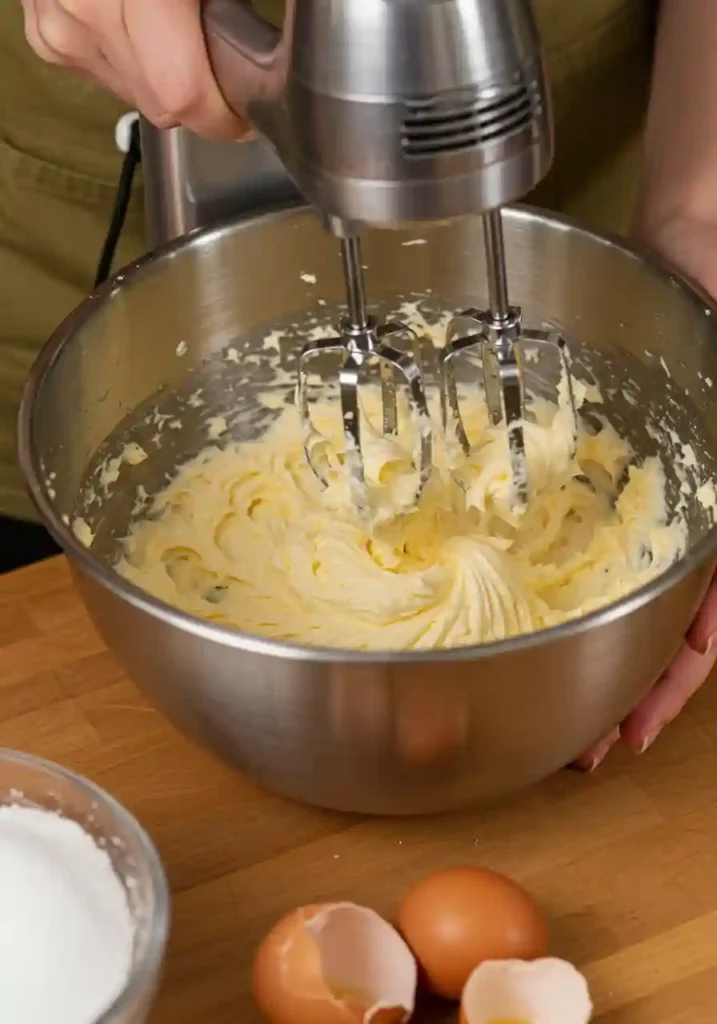 Electric mixer beating butter and sugar mixture until light and fluffy in metal bowl