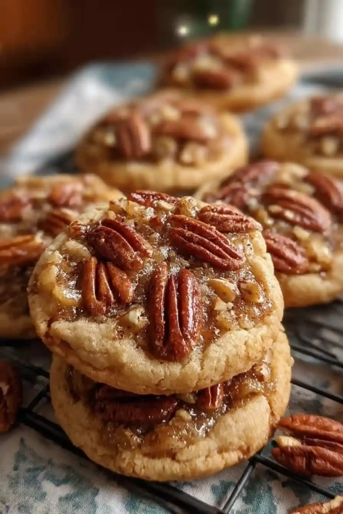 Warm pecan pie cookies cooling on wire rack with golden edges and bubbling filling