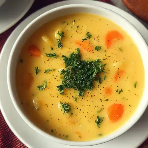 Bowl of creamy potato carrot soup garnished with fresh herbs and olive oil drizzle