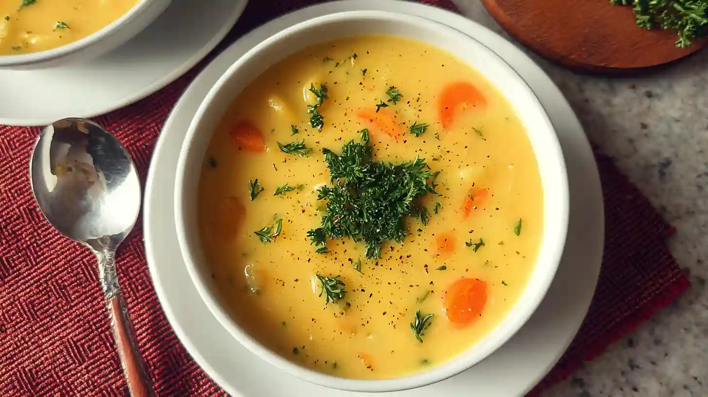 Bowl of creamy potato carrot soup garnished with fresh herbs and olive oil drizzle