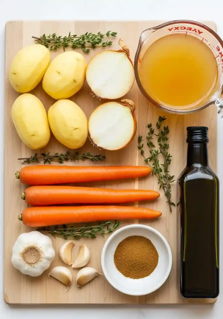 Fresh potatoes, carrots, onion, garlic, herbs and broth arranged for making soup