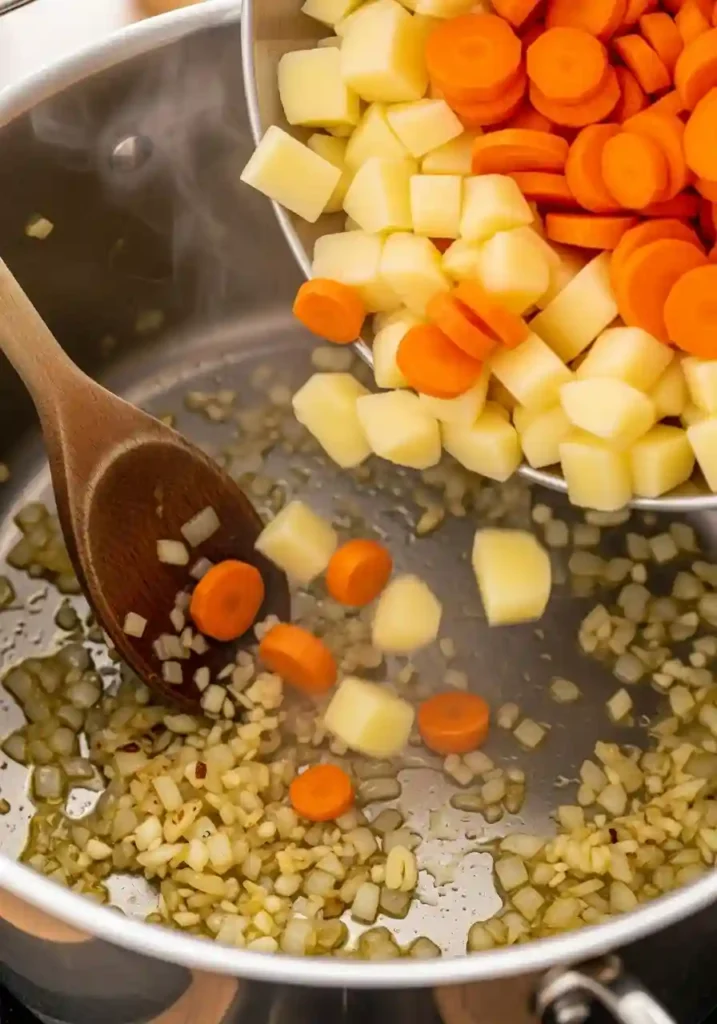 Diced potatoes and carrots being added to pot with sautéed onions and garlic