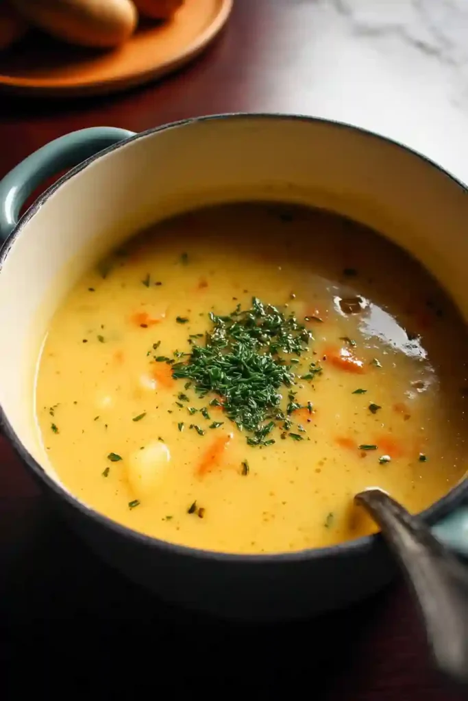 Immersion blender pureeing cooked vegetables into creamy potato carrot soup