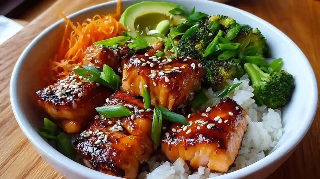 Homemade Teriyaki Salmon Rice Bowl Ready to Serve