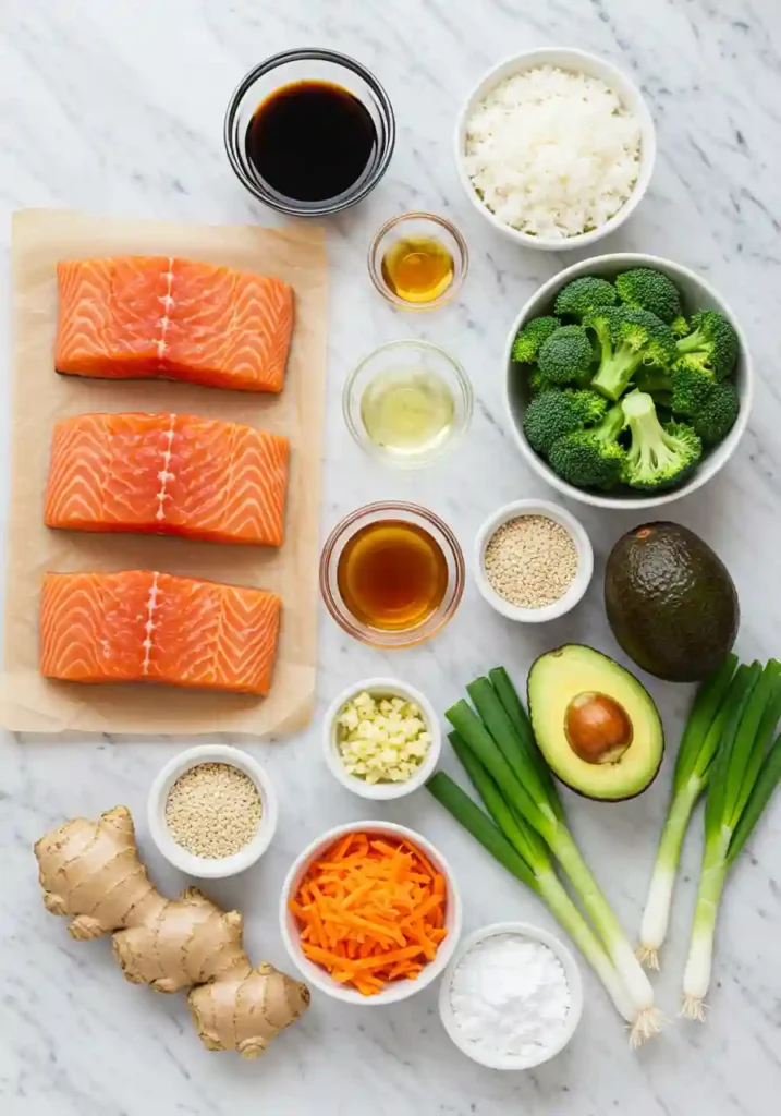 Fresh Salmon Teriyaki Bowl Ingredients Laid Out and Ready