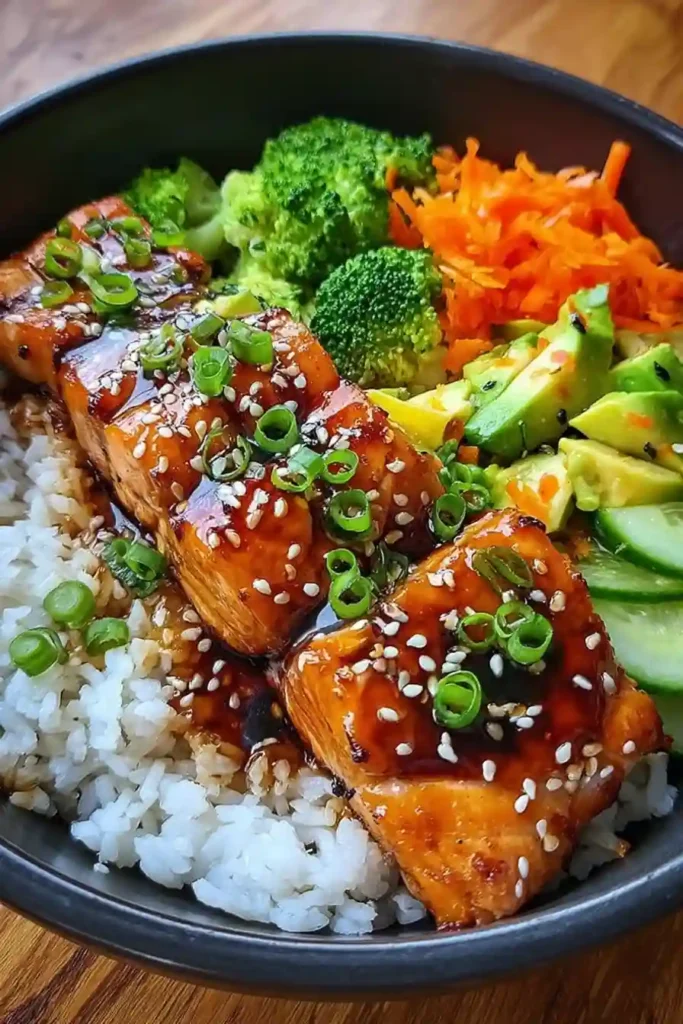 Hands Finishing Teriyaki Salmon Bowl with Toppings and Garnishes