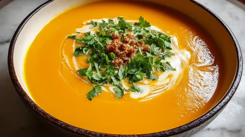 Creamy sweet potato and carrot soup topped with ginger in a bowl.