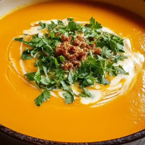 Creamy sweet potato and carrot soup topped with ginger in a bowl.