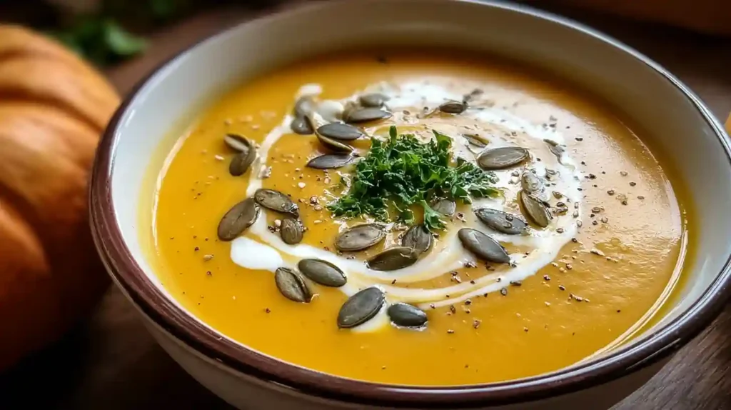 A bowl of creamy butternut squash soup garnished with herbs and served with bread