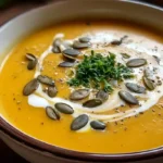 A bowl of creamy butternut squash soup garnished with herbs and served with bread