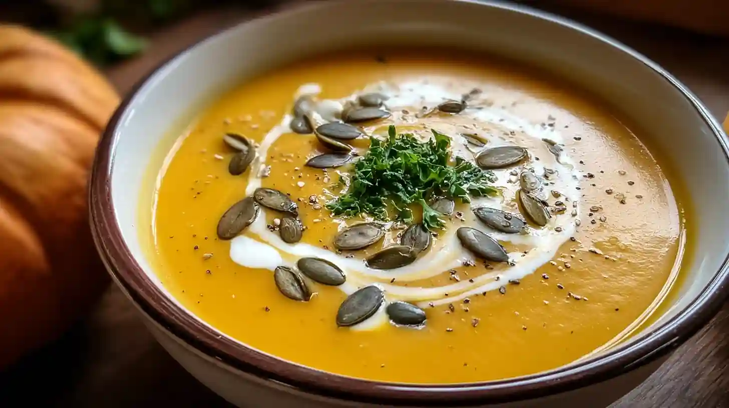 A bowl of creamy butternut squash soup garnished with herbs and served with bread