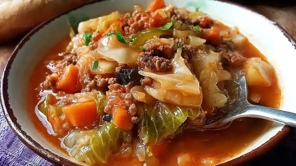 Delicious bowl of best cabbage soup served with fresh herbs and ingredients.
