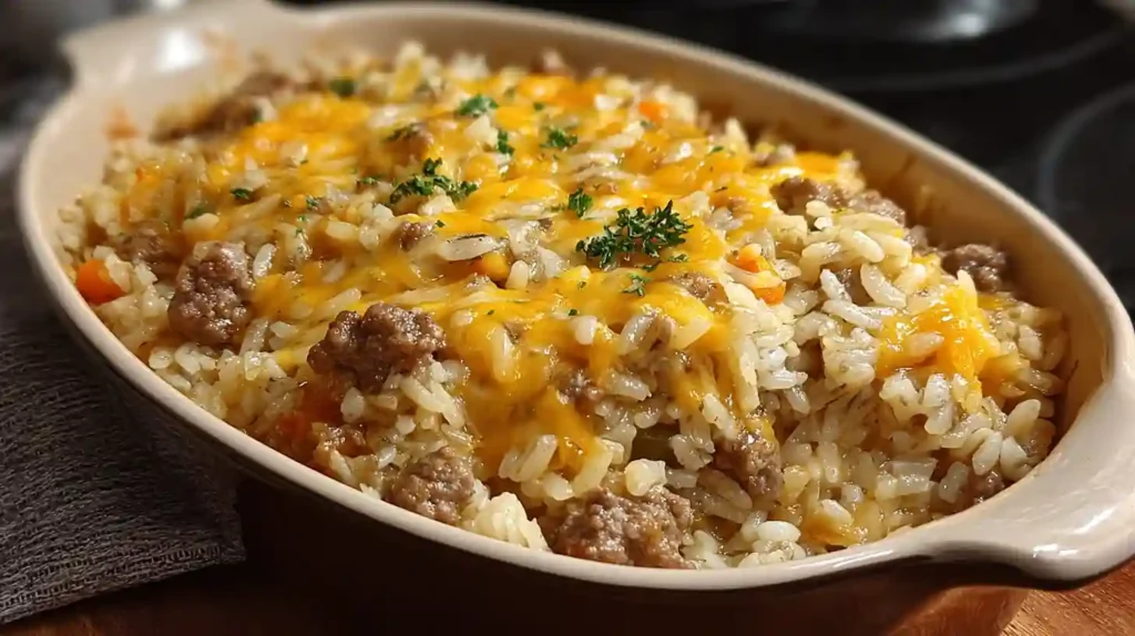 Cheesy hamburger rice casserole baked with ground beef, rice, and cheese