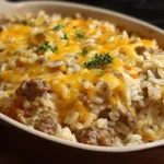 Cheesy hamburger rice casserole baked with ground beef, rice, and cheese