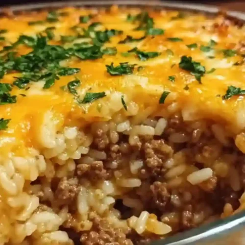 Ground Beef Rice Casserole baked with savory ingredients in a dish