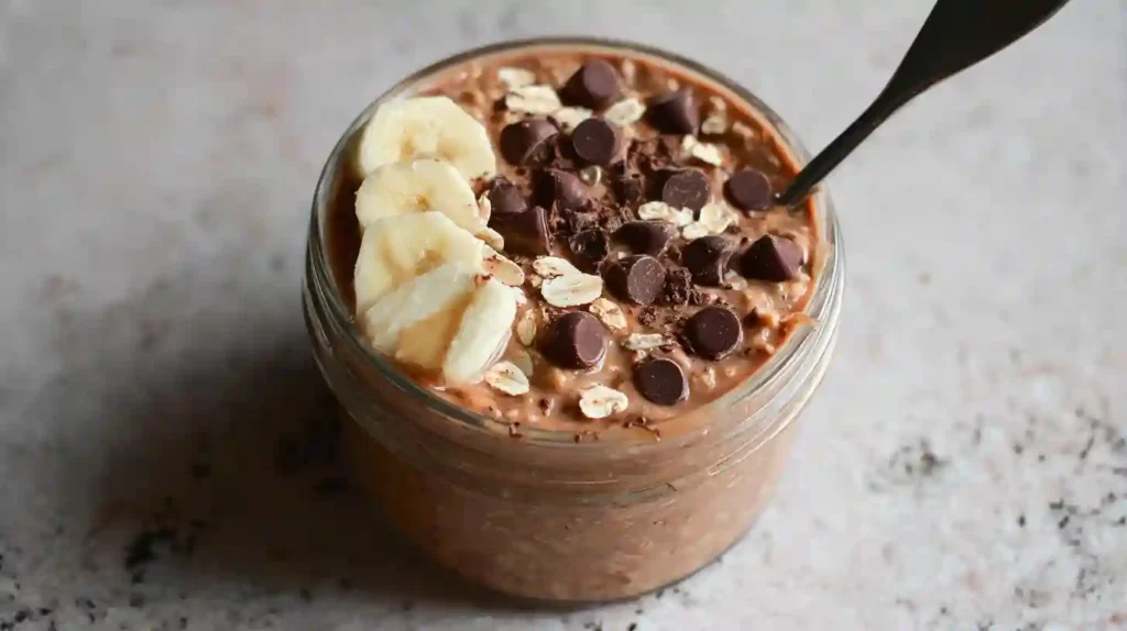 Chocolate peanut butter protein overnight oats in a mason jar with toppings