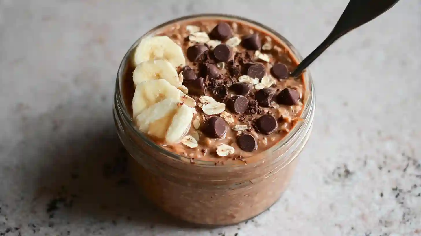 Chocolate peanut butter protein overnight oats in a mason jar with toppings