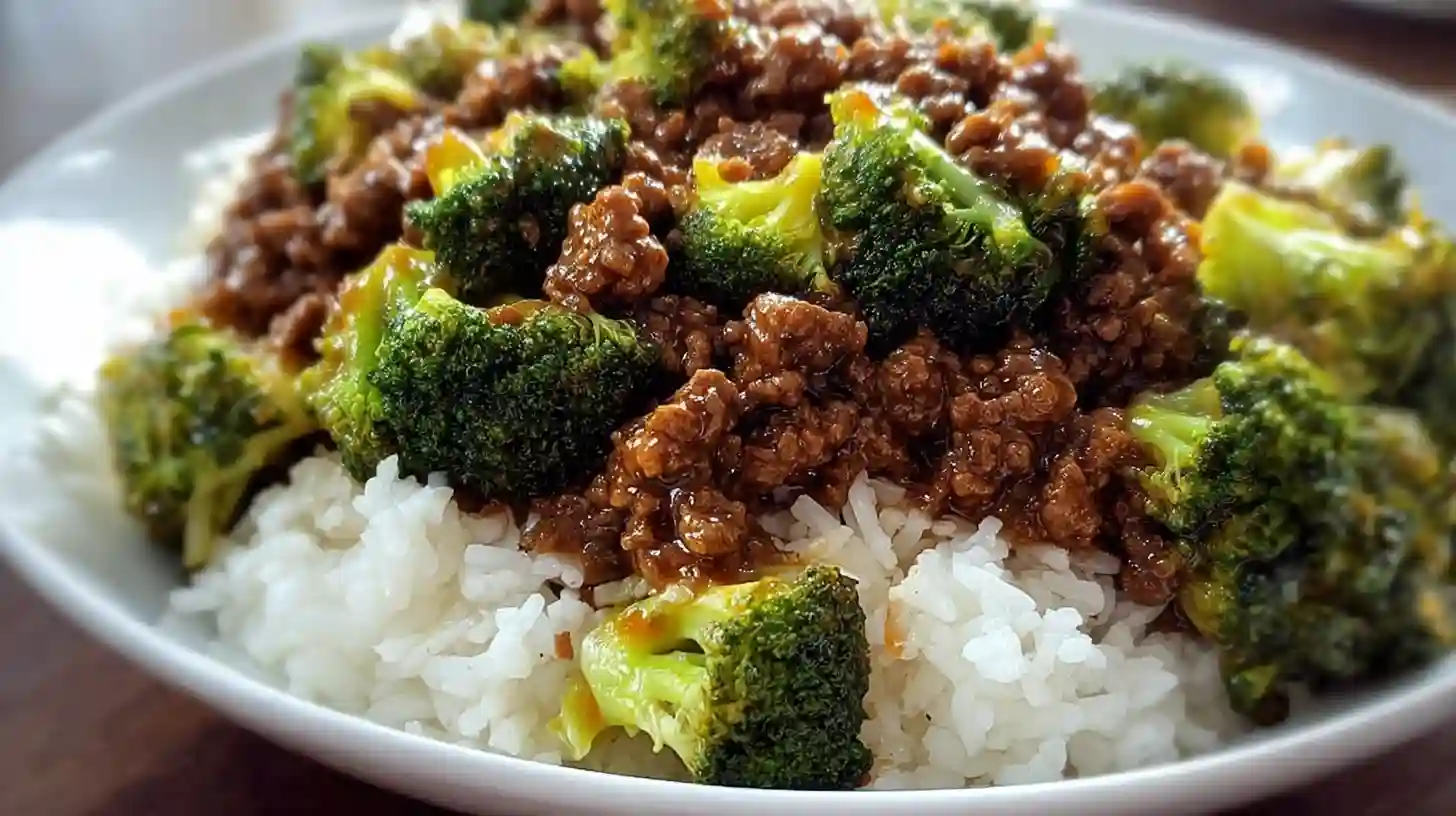 Honey garlic beef dish with ground beef and fresh broccoli served in a bowl.