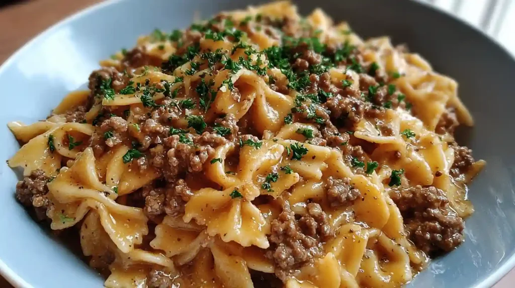 Creamy Parmesan garlic beef bowtie pasta in a bowl