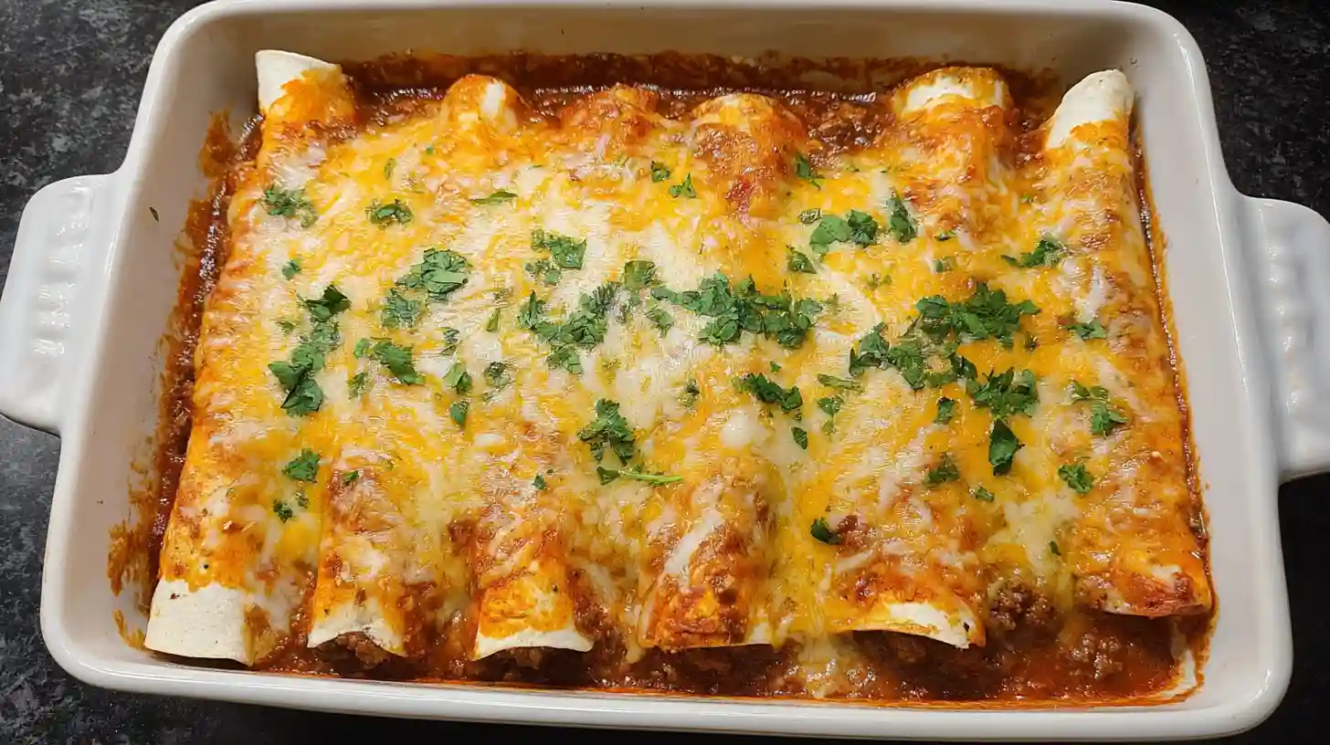 Delicious easy ground beef enchiladas ready to be served