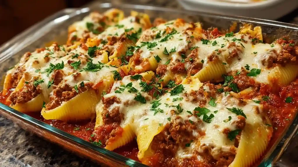 Cheesy stuffed pasta shells filled with ground beef, topped with marinara sauce.