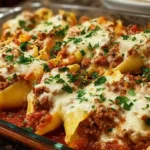 Cheesy stuffed pasta shells filled with ground beef, topped with marinara sauce.
