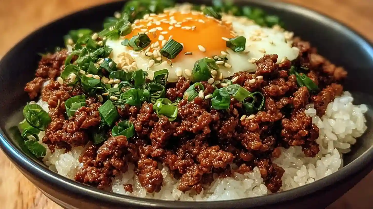 Delicious Korean Ground Beef Bowl garnished with vegetables and rice