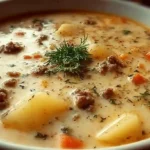 Delicious creamy Potato And Ground Beef Soup served in a bowl