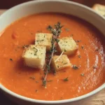 Creamy roasted red pepper soup garnished with gouda cheese and fresh tomatoes