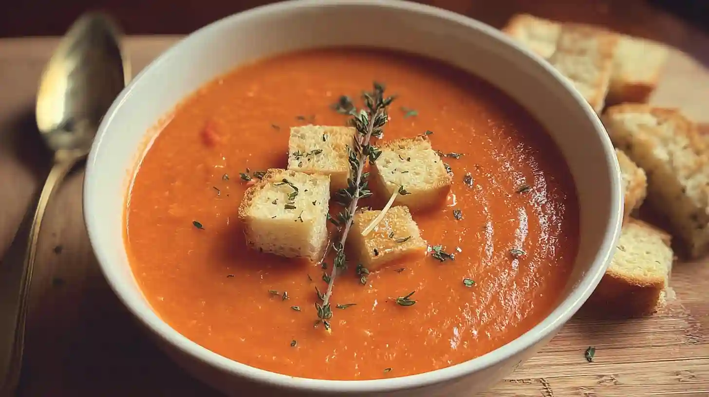 Creamy roasted red pepper soup garnished with gouda cheese and fresh tomatoes