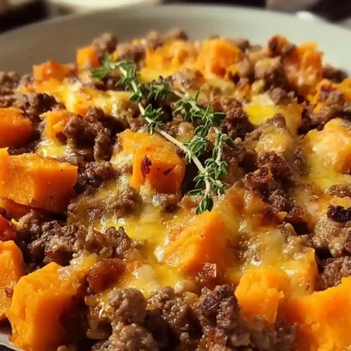 Ground beef and sweet potatoes skillet dish served in a pan