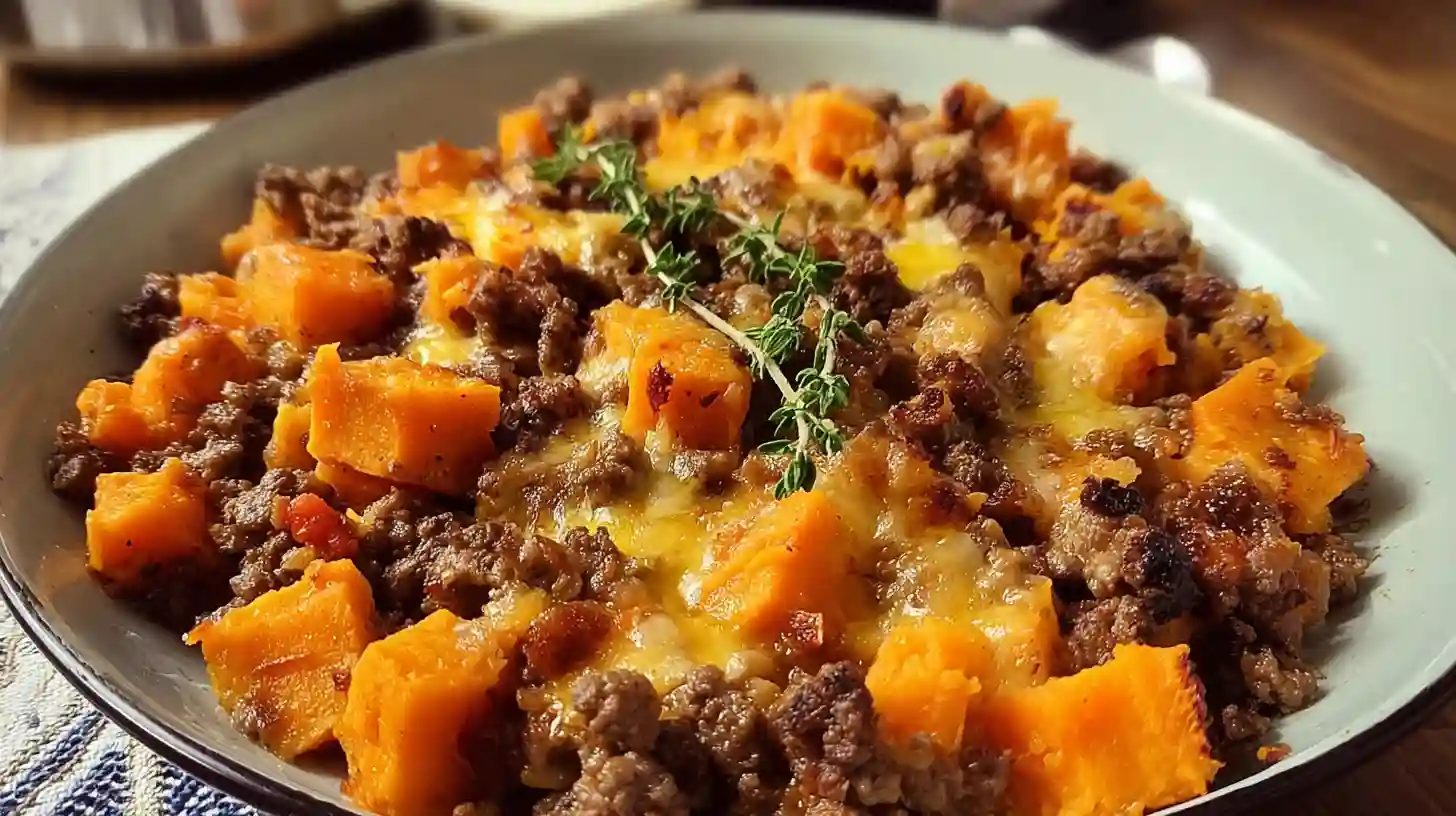 Ground beef and sweet potatoes skillet dish served in a pan