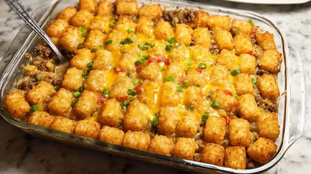 Delicious Tater Tot Casserole served in a baking dish with golden tater tots on top.
