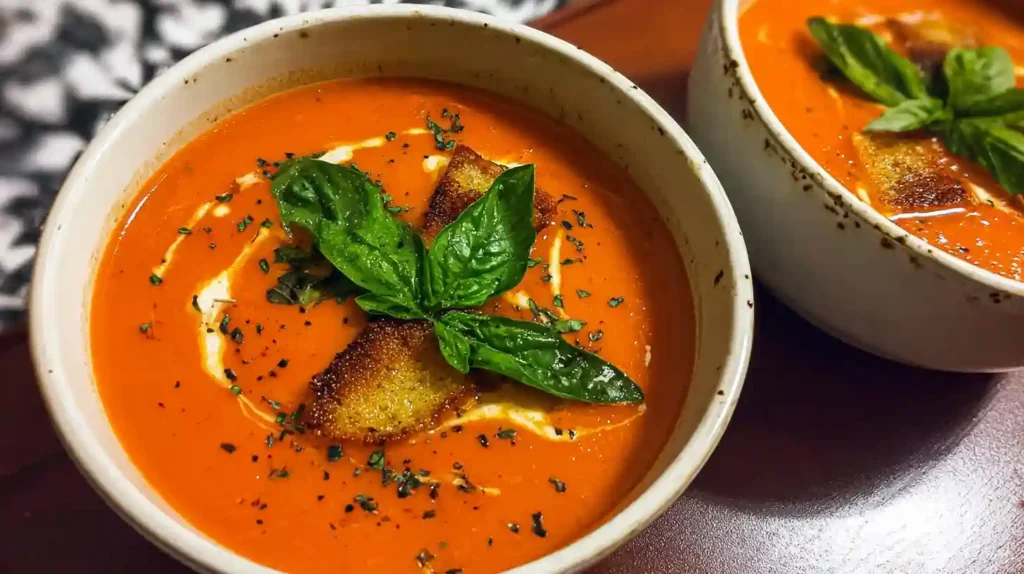 Bowl of creamy Tomato Basil Bisque garnished with fresh basil leaves
