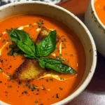 Bowl of creamy Tomato Basil Bisque garnished with fresh basil leaves
