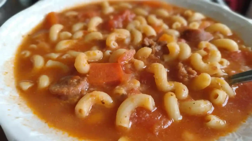 Bowl of classic beef and tomato macaroni soup garnished with parsley.