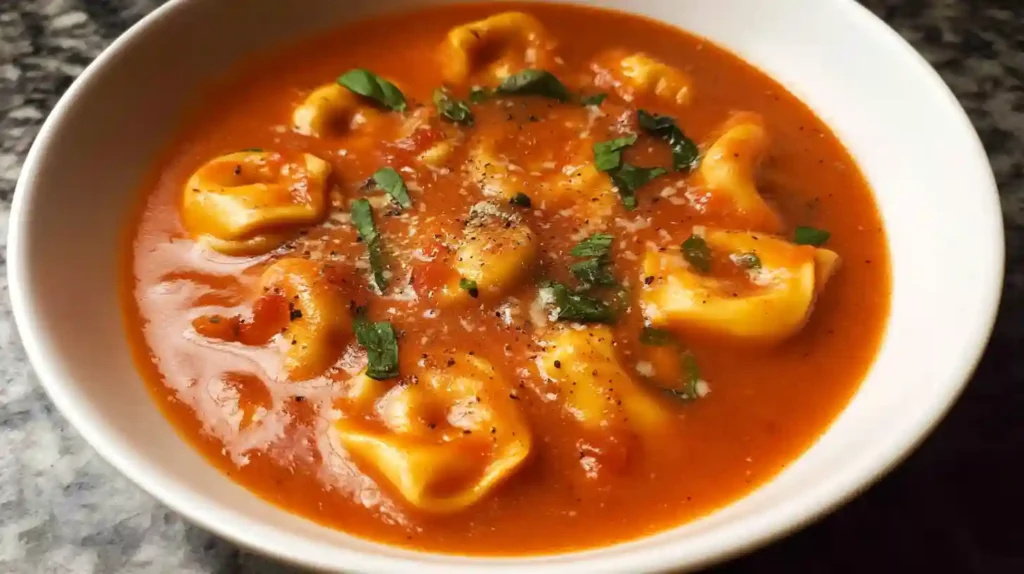 Bowl of rich Tomato Tortellini Soup garnished with basil and parmesan cheese