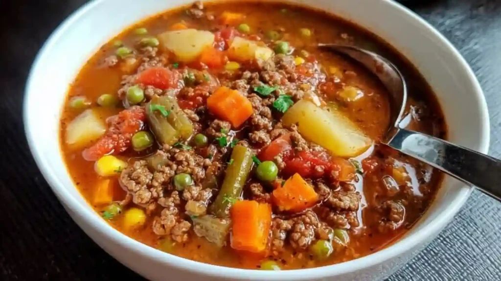 Delicious Vegetable Soup With Ground Beef served in a bowl with fresh herbs.