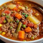 Delicious Vegetable Soup With Ground Beef served in a bowl with fresh herbs.