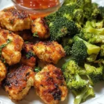 Air fryer chicken bites served with broccoli, healthy meal option