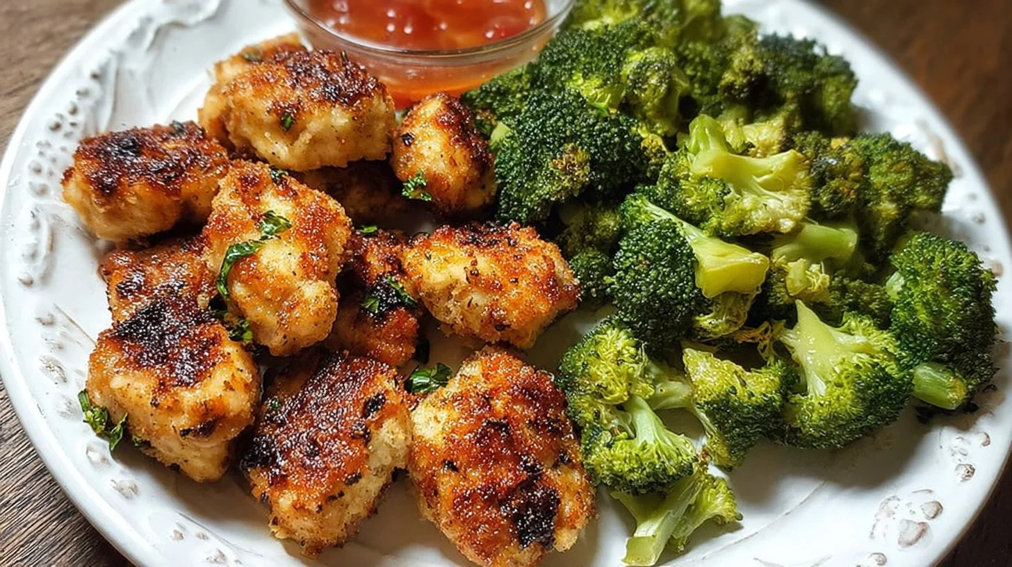 Air fryer chicken bites served with broccoli, healthy meal option