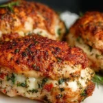 Juicy air fryer stuffed chicken breasts ready to be served on a plate.