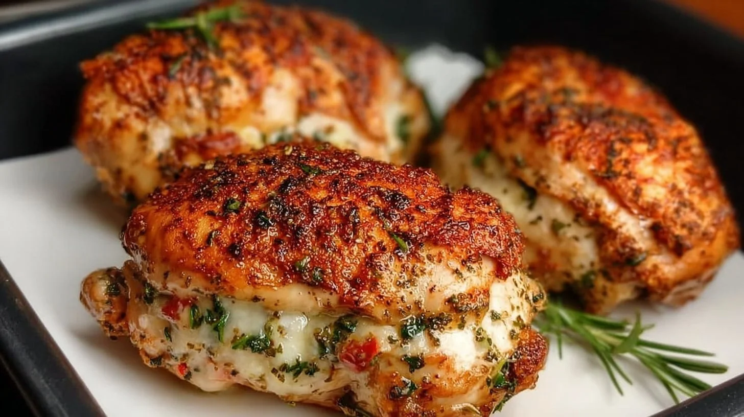 Juicy air fryer stuffed chicken breasts ready to be served on a plate.