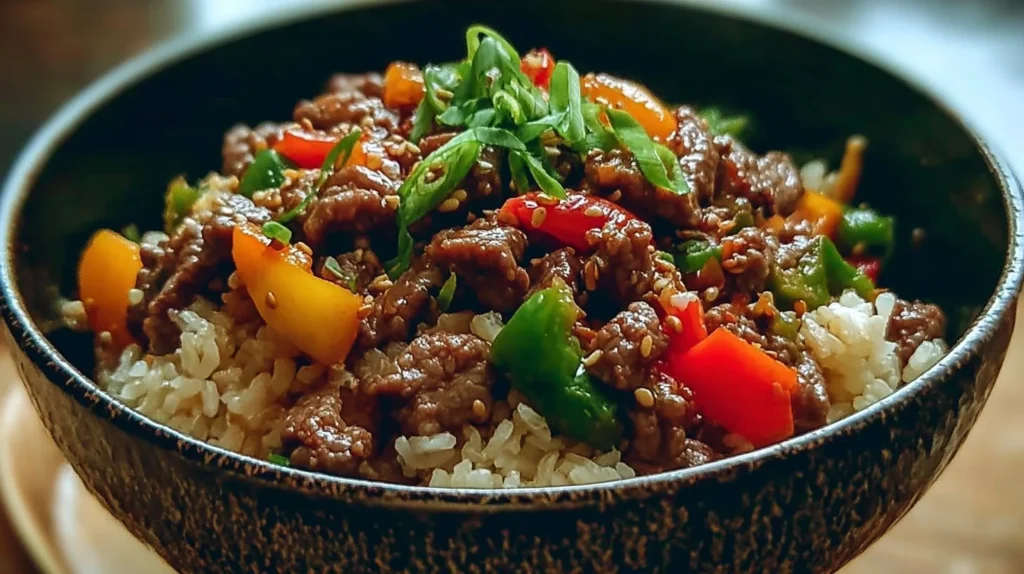 Delicious Beef Pepper Rice Bowl served with fresh vegetables and spices