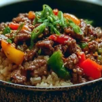 Delicious Beef Pepper Rice Bowl served with fresh vegetables and spices